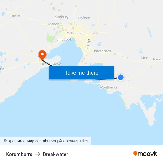 Korumburra to Breakwater map