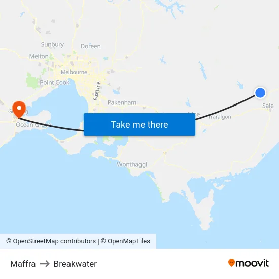 Maffra to Breakwater map