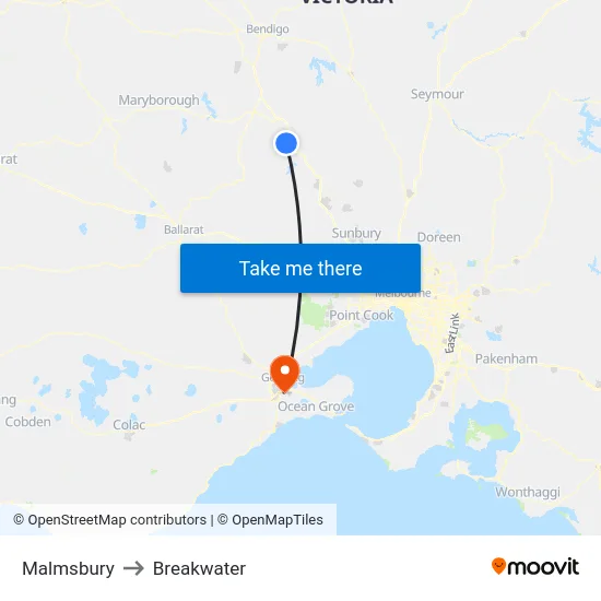 Malmsbury to Breakwater map