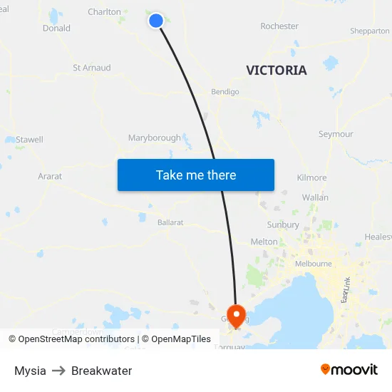 Mysia to Breakwater map