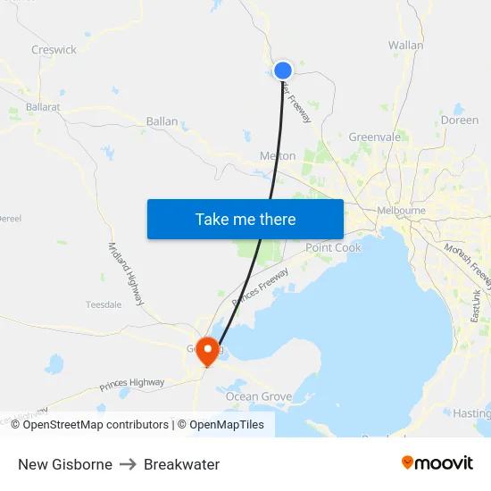 New Gisborne to Breakwater map