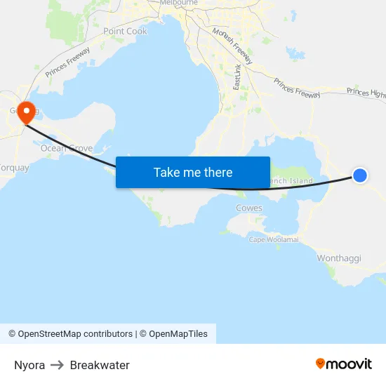 Nyora to Breakwater map