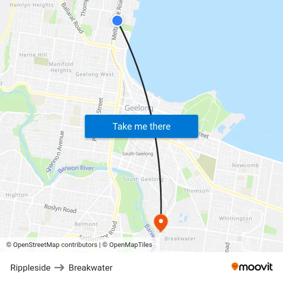 Rippleside to Breakwater map