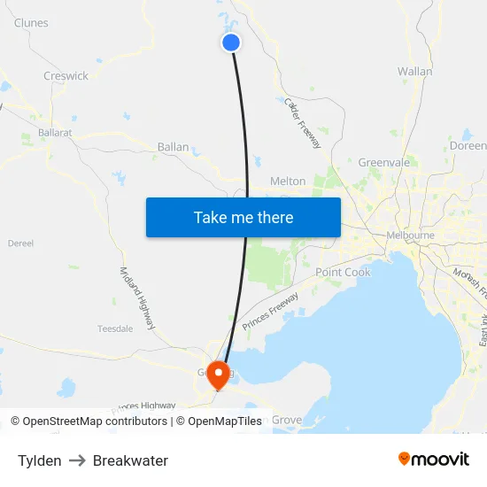 Tylden to Breakwater map