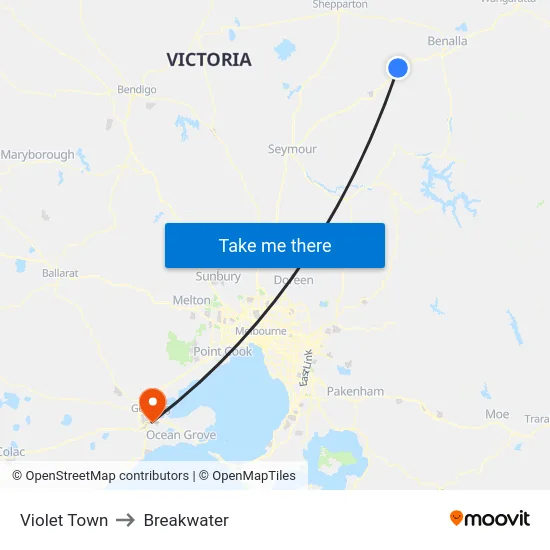 Violet Town to Breakwater map