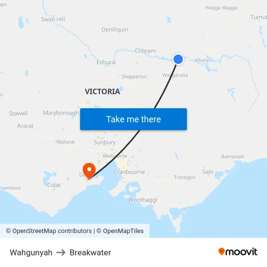Wahgunyah to Breakwater map