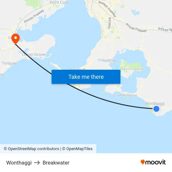 Wonthaggi to Breakwater map