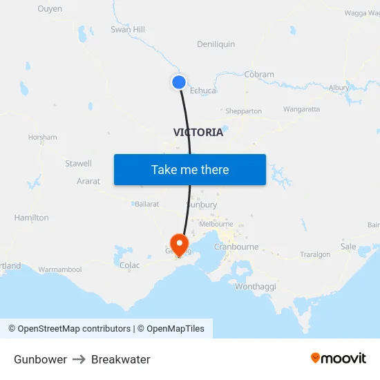 Gunbower to Breakwater map
