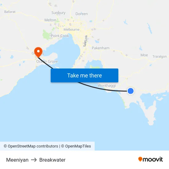 Meeniyan to Breakwater map