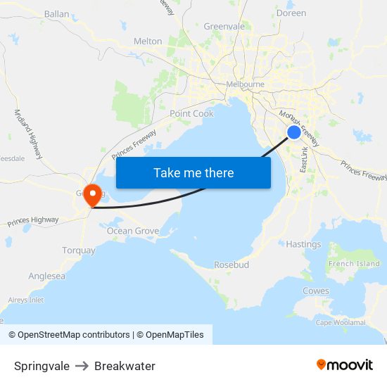 Springvale to Breakwater map