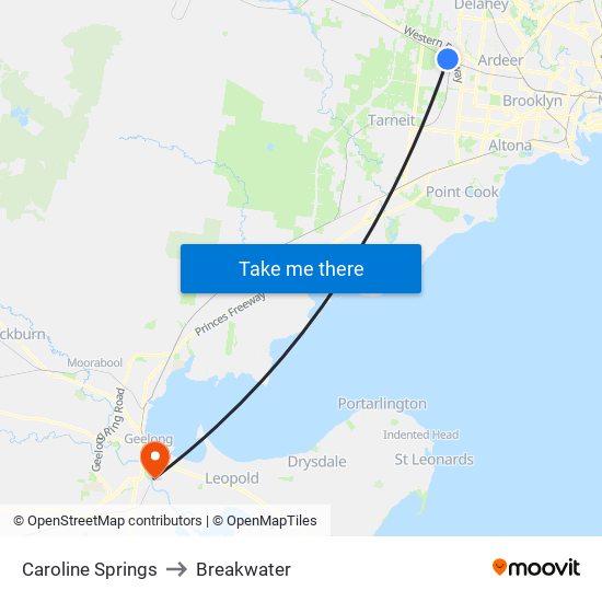 Caroline Springs to Breakwater map