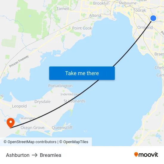 Ashburton to Breamlea map
