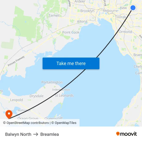 Balwyn North to Breamlea map