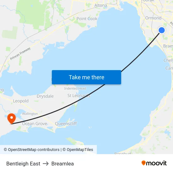 Bentleigh East to Breamlea map