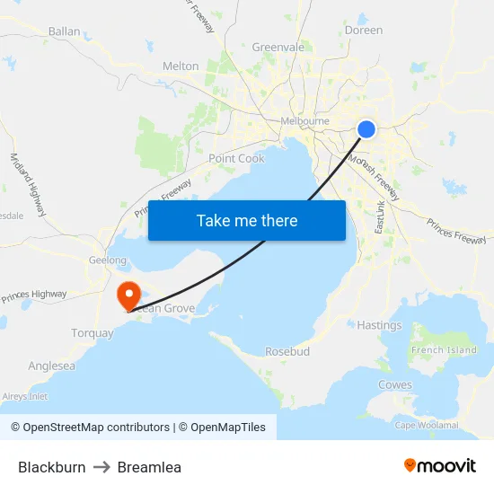 Blackburn to Breamlea map