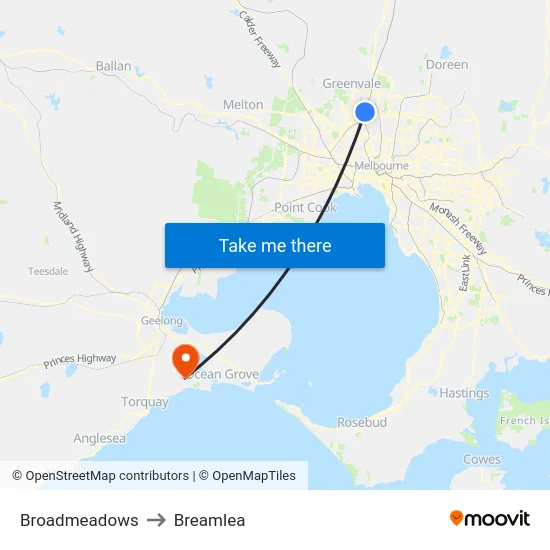 Broadmeadows to Breamlea map