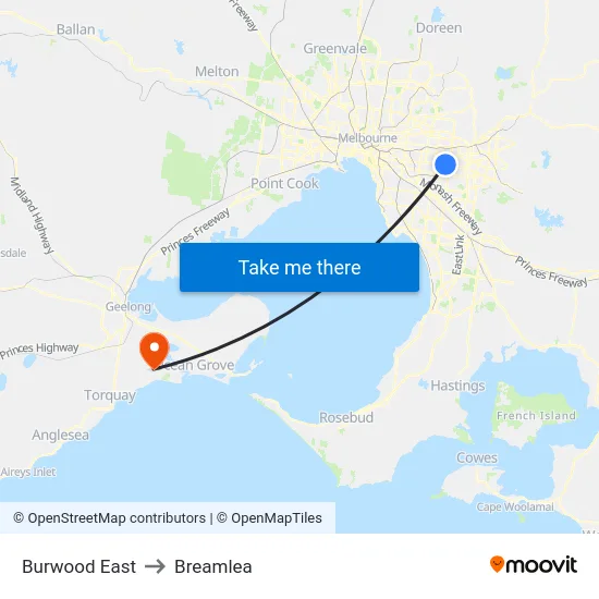 Burwood East to Breamlea map