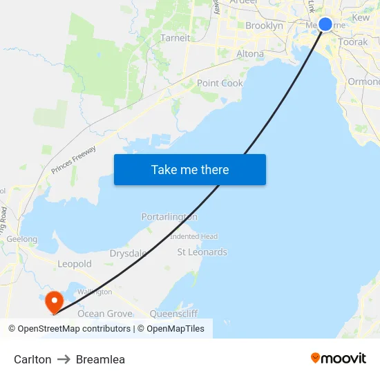 Carlton to Breamlea map
