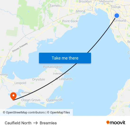 Caulfield North to Breamlea map