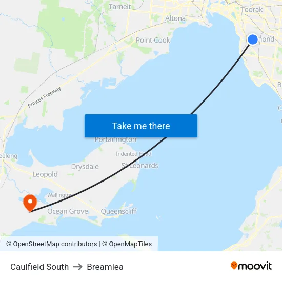 Caulfield South to Breamlea map