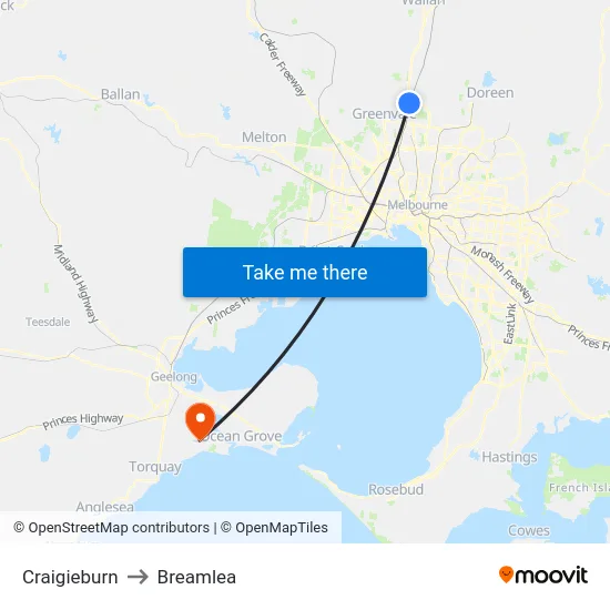 Craigieburn to Breamlea map