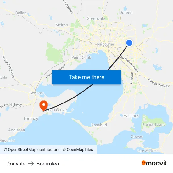 Donvale to Breamlea map