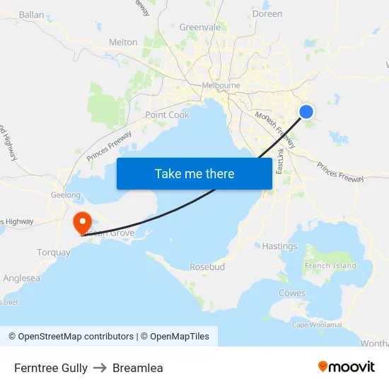Ferntree Gully to Breamlea map