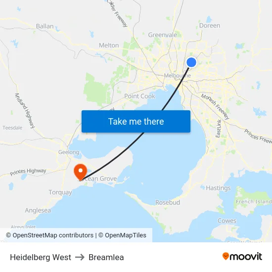 Heidelberg West to Breamlea map