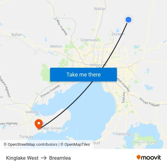 Kinglake West to Breamlea map
