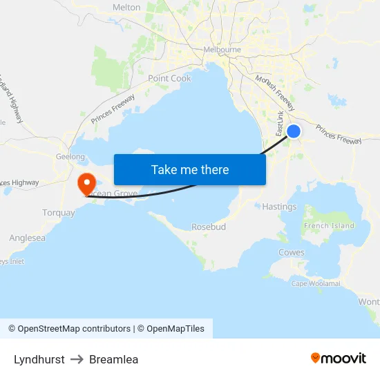 Lyndhurst to Breamlea map
