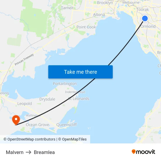 Malvern to Breamlea map