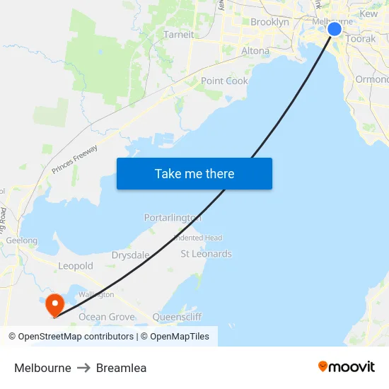 Melbourne to Breamlea map