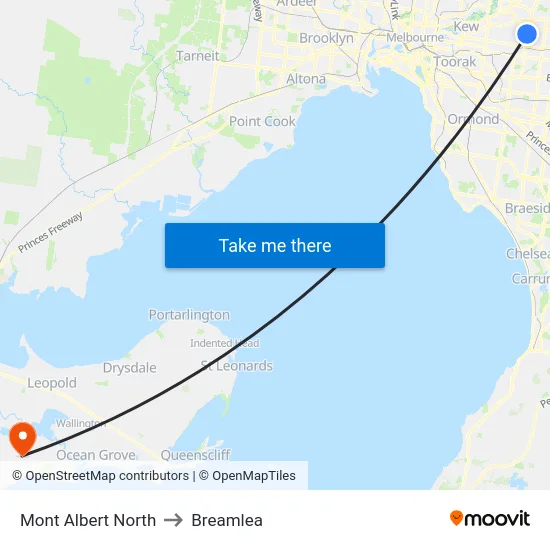 Mont Albert North to Breamlea map