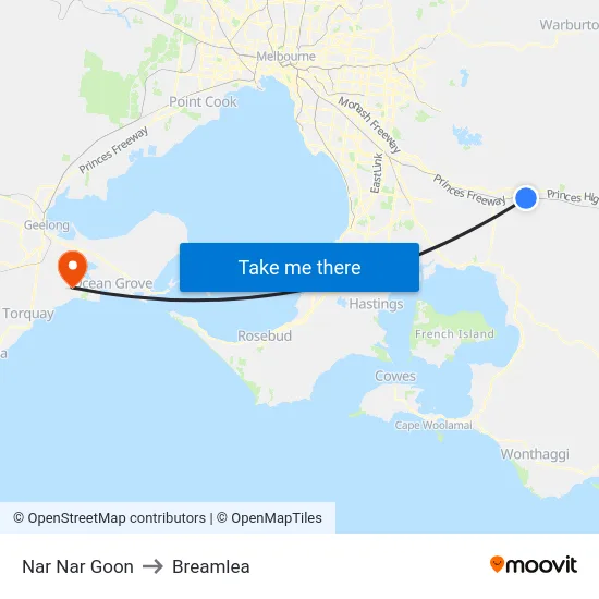 Nar Nar Goon to Breamlea map