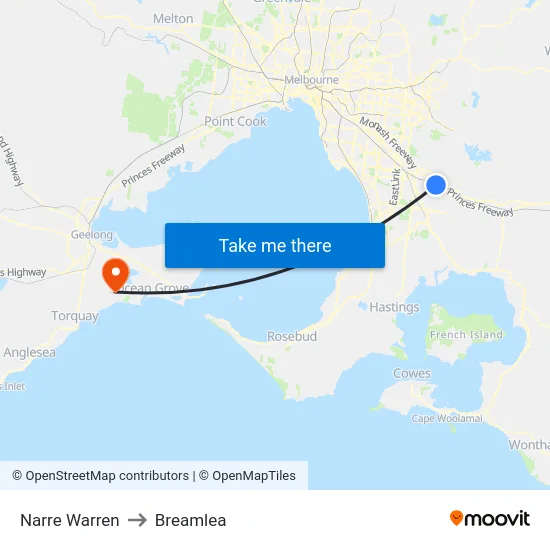 Narre Warren to Breamlea map