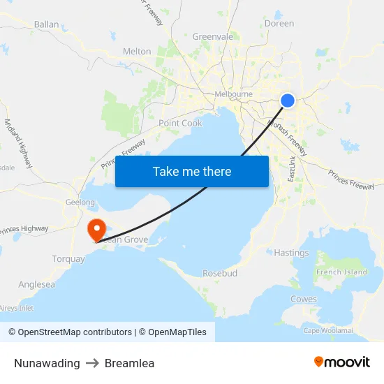Nunawading to Breamlea map