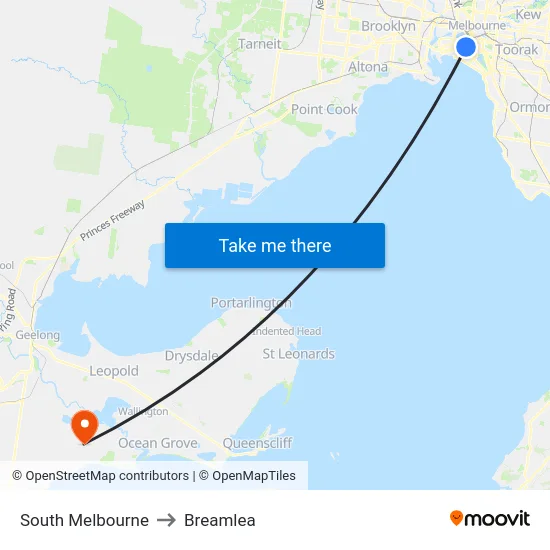 South Melbourne to Breamlea map