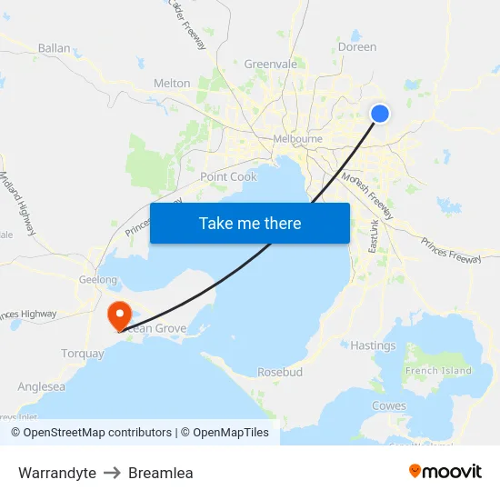 Warrandyte to Breamlea map