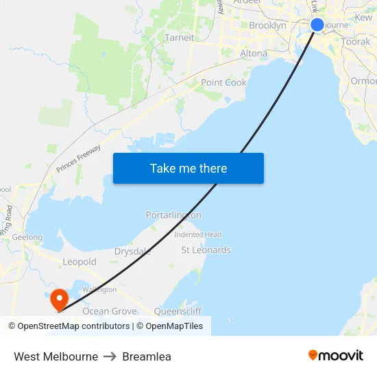 West Melbourne to Breamlea map