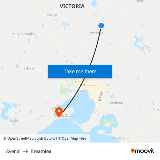 Avenel to Breamlea map