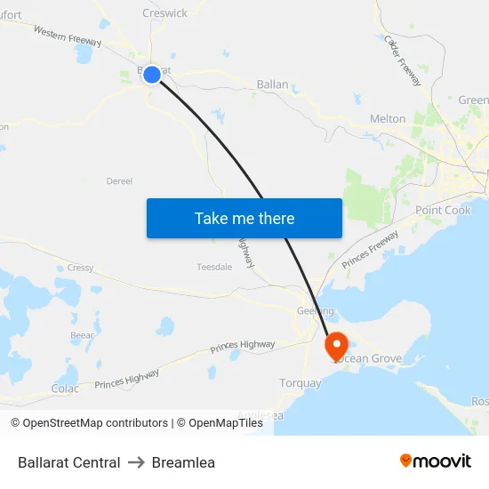 Ballarat Central to Breamlea map