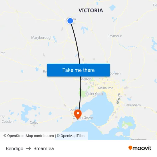 Bendigo to Breamlea map