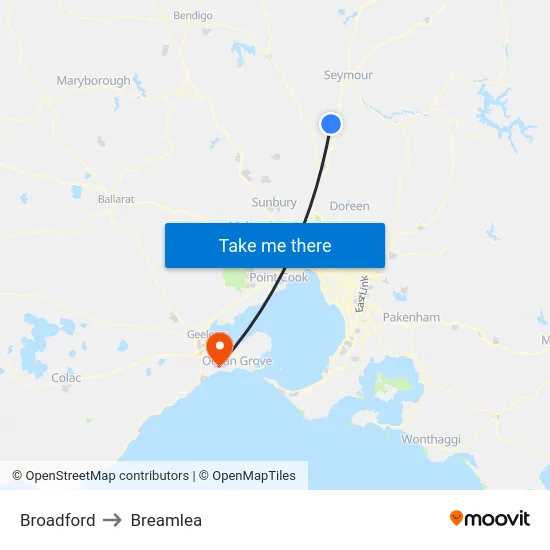 Broadford to Breamlea map