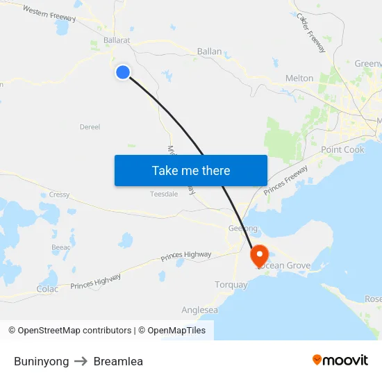 Buninyong to Breamlea map