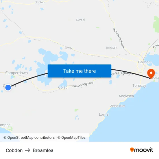 Cobden to Breamlea map