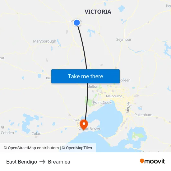 East Bendigo to Breamlea map