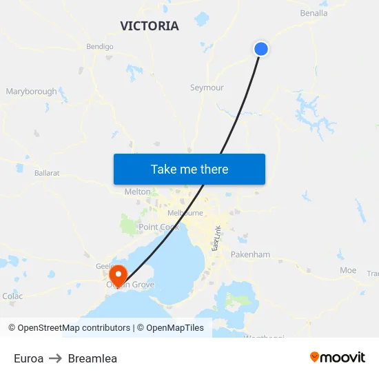 Euroa to Breamlea map