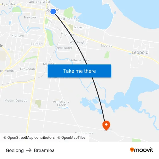 Geelong to Breamlea map