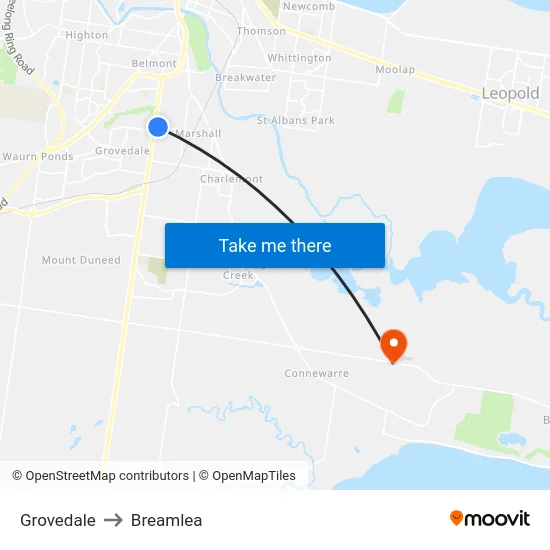 Grovedale to Breamlea map