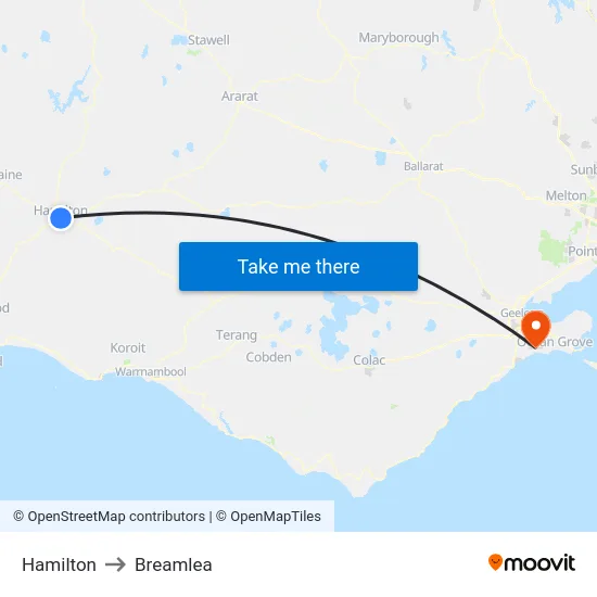 Hamilton to Breamlea map